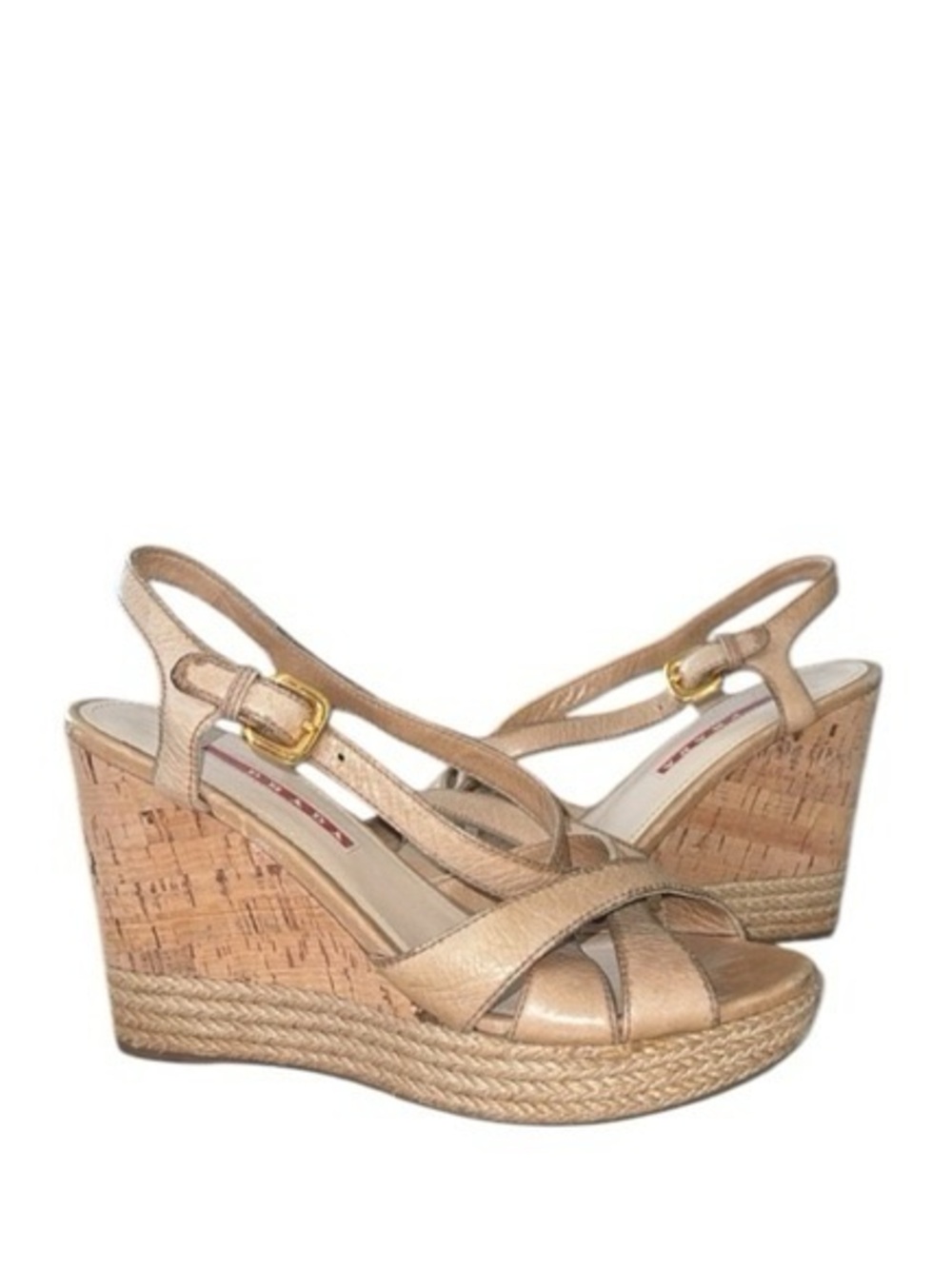 Prada Beige Leather Cork Woven Espadrilles Slingback Wedge Sandals‎ Size 9.5